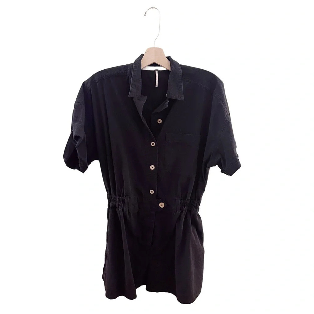 Free People Black Short-Sleeve Button Romper